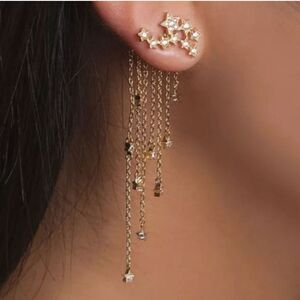 White Baguette Diamond Drop Earrings 14K Gold on 925 Sterling